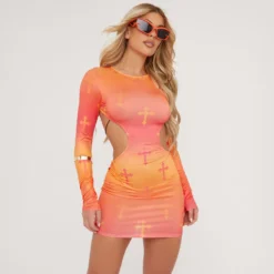 EGO Long Sleeve Strap Detail Open Back Cross Print Mini Bodycon Dress In Orange -The Perla Dress Sales Store 25 04 23 em90108 sq scaled
