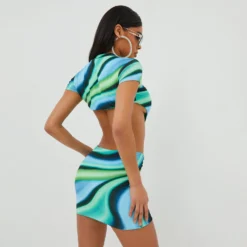 EGO Extreme Cut Out Dipped Waist Ruched Mini Bodycon Dress In Blue Swirl Print Slinky -The Perla Dress Sales Store 25 10 22 jul15997 scaled