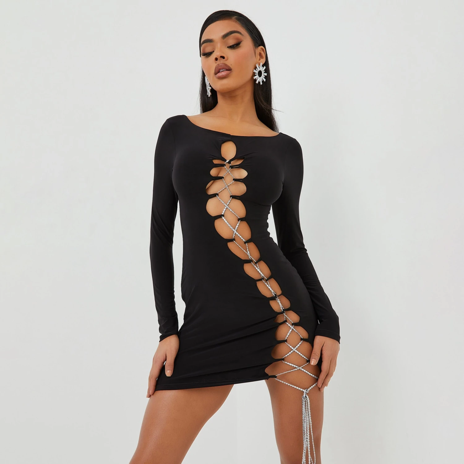 EGO Long Sleeve Extreme Diamante Lace Up Detail Mini Bodycon Dress In Black Slinky 5 EGO Long Sleeve Extreme Diamante Lace Up Detail Mini Bodycon Dress In Black Slinky - Image 3