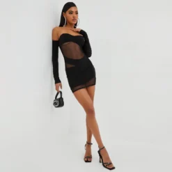EGO Long Sleeve Bardot Contrast Swirl Detail Mini Bodycon Dress In Black Mesh And Slinky -The Perla Dress Sales Store 25 10 22 jul16359 scaled