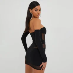 EGO Long Sleeve Bardot Contrast Swirl Detail Mini Bodycon Dress In Black Mesh And Slinky -The Perla Dress Sales Store 25 10 22 jul16365 scaled