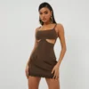 EGO Square Neck Underbust Detail Lace Trim Mini Dress In Brown Woven
