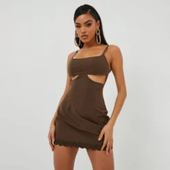EGO Square Neck Underbust Detail Lace Trim Mini Dress In Brown Woven