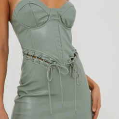 EGO Lace Up Cupped Detail Mini Bodycon Dress In Khaki Faux Leather -The Perla Dress Sales Store 25 10 22 jul16473 scaled