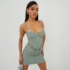 EGO Lace Up Cupped Detail Mini Bodycon Dress In Khaki Faux Leather