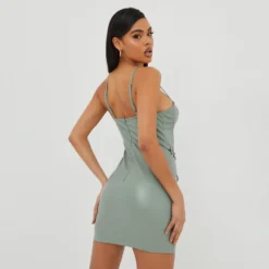 EGO Lace Up Cupped Detail Mini Bodycon Dress In Khaki Faux Leather -The Perla Dress Sales Store 25 10 22 jul16486 scaled