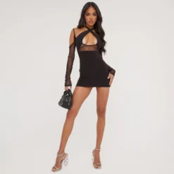 EGO Cold Shoulder Cross Front Detail Mesh Contrast Mini Bodycon Dress In Black Slinky -The Perla Dress Sales Store 27 04 23 jul90449 sq scaled