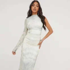 EGO One Sleeve High Neck Printed Maxi Dress In Ivory Mesh -The Perla Dress Sales Store 27 04 23 jul90513 sq scaled
