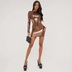 EGO Long Sleeve Cut Out Back Strappy Detail Mini Bodycon Dress In Bronze Metallic -The Perla Dress Sales Store 27 04 23 jul91329 s scaled