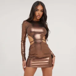 EGO Long Sleeve Cut Out Back Strappy Detail Mini Bodycon Dress In Bronze Metallic