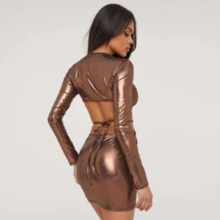 EGO Long Sleeve Cut Out Back Strappy Detail Mini Bodycon Dress In Bronze Metallic -The Perla Dress Sales Store 27 04 23 jul91344 s scaled