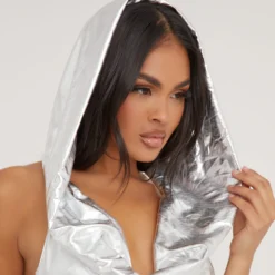 EGO Hooded Open Back Ruched Detail Mini Bodycon Dress In Silver Metallic -The Perla Dress Sales Store 27 04 23 jul91690 s scaled