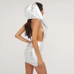 EGO Hooded Open Back Ruched Detail Mini Bodycon Dress In Silver Metallic -The Perla Dress Sales Store 27 04 23 jul91694 s scaled