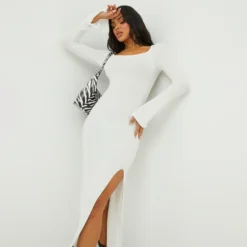 EGO Square Neck Long Sleeve Side Split Midi Bodycon Dress In Cream Ribbed Knit -The Perla Dress Sales Store 27 09 22 julyanna0364 copy scaled