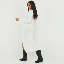 EGO Square Neck Long Sleeve Side Split Midi Bodycon Dress In Cream Ribbed Knit -The Perla Dress Sales Store 27 09 22 julyanna0371 copy scaled