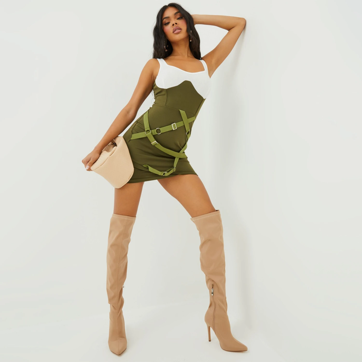 EGO Scoop Neck Buckle Ring Detail Underbust Mini Bodycon Dress In Khaki 5 EGO Scoop Neck Buckle Ring Detail Underbust Mini Bodycon Dress In Khaki - Image 3