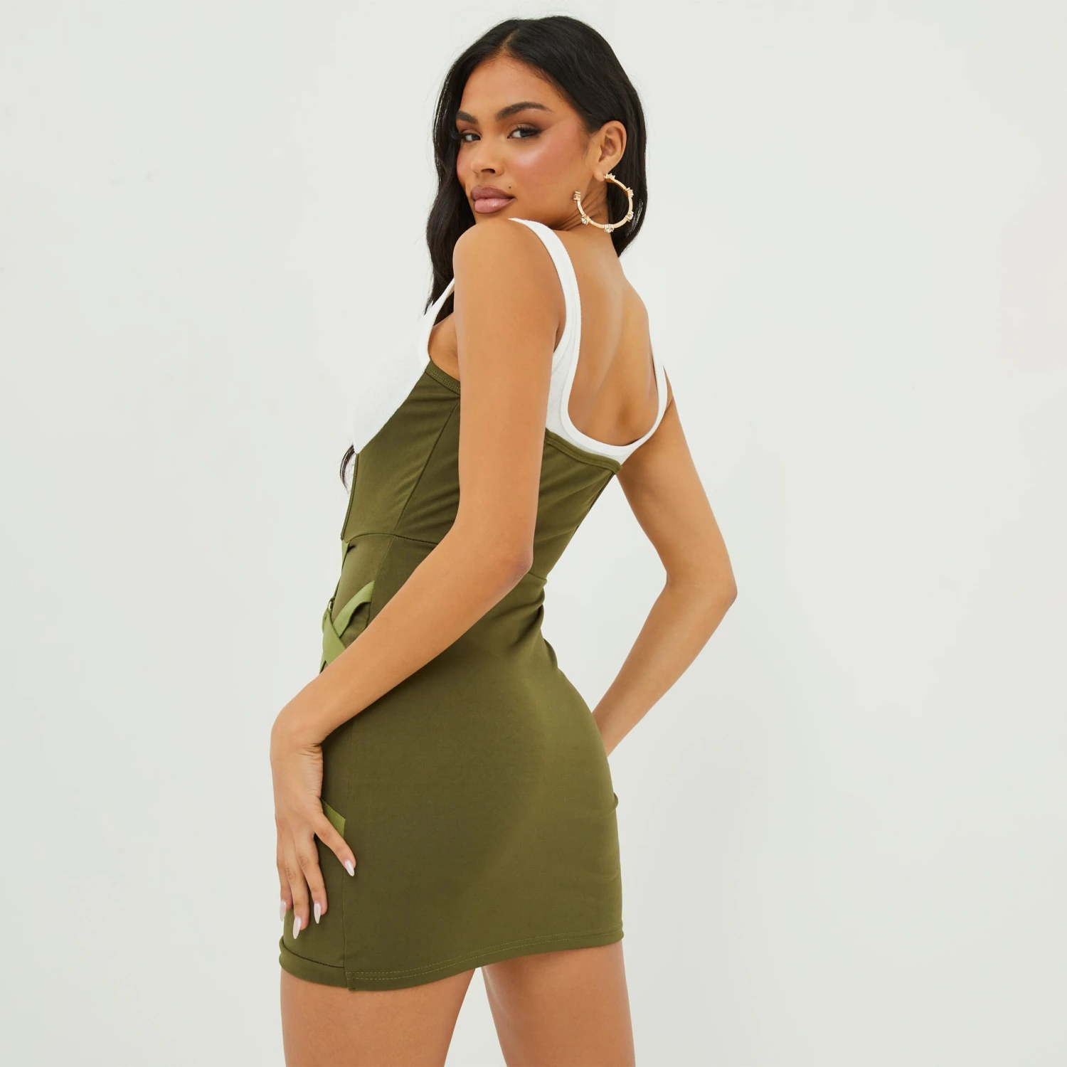 EGO Scoop Neck Buckle Ring Detail Underbust Mini Bodycon Dress In Khaki 6 EGO Scoop Neck Buckle Ring Detail Underbust Mini Bodycon Dress In Khaki - Image 4