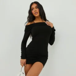 EGO Bardot Long Sleeve Mini Bodycon Dress In Black Knit -The Perla Dress Sales Store 27 09 22 julyanna3831 copy scaled