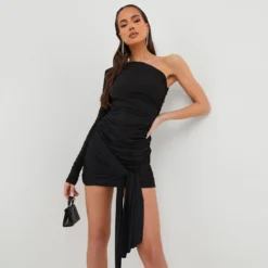 EGO One Shoulder Tie Front Ruched Detail Mini Bodycon Dress In Black Slinky -The Perla Dress Sales Store 27 10 22 julia16817 copy 2 scaled