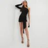 EGO One Shoulder Tie Front Ruched Detail Mini Bodycon Dress In Black Slinky