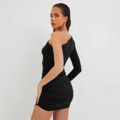 EGO One Shoulder Tie Front Ruched Detail Mini Bodycon Dress In Black Slinky -The Perla Dress Sales Store 27 10 22 julia16851 copy 2 scaled