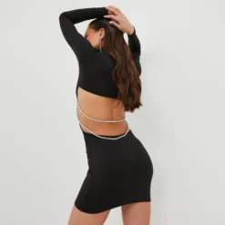 EGO High Neck Long Sleeve Backless Diamante Chain Detail Mini Bodycon Dress In Black Slinky -The Perla Dress Sales Store 27 10 22 julia17317 scaled