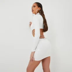 EGO High Neck Long Sleeve Backless Diamante Chain Detail Mini Bodycon Dress In White Slinky