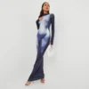 EGO Long Sleeve Body Heat Print Maxi Dress In Blue Multi