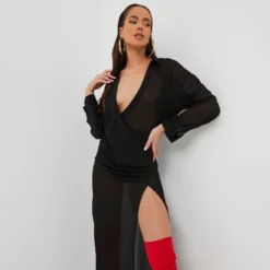 EGO Long Sleeve Maxi Shirt Dress In Black Chiffon -The Perla Dress Sales Store 27 10 22 julia18311 scaled