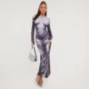 EGO Long Sleeve Body Print Illusion Maxi Dress In Grey Slinky