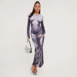 EGO Long Sleeve Body Print Illusion Maxi Dress In Grey Slinky