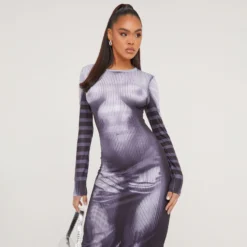 EGO Long Sleeve Body Print Illusion Maxi Dress In Grey Slinky -The Perla Dress Sales Store 28 02 23 jul62714 s scaled