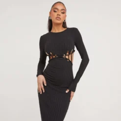 EGO Long Sleeve Ladder Detail Cut Out Maxi Dress In Black Ribbed -The Perla Dress Sales Store 28 02 23 jul62846 s scaled