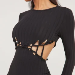 EGO Long Sleeve Ladder Detail Cut Out Maxi Dress In Black Ribbed -The Perla Dress Sales Store 28 02 23 jul62849 s scaled