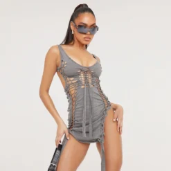 EGO Low Scoop Neck Extreme Lace Up Detail Tie Back Split Side Mini Dress In Grey -The Perla Dress Sales Store 28 02 23 jul62979 s scaled