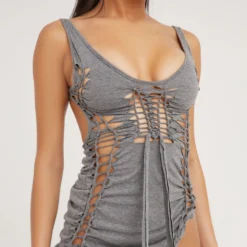 EGO Low Scoop Neck Extreme Lace Up Detail Tie Back Split Side Mini Dress In Grey -The Perla Dress Sales Store 28 02 23 jul62983 s scaled