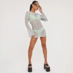 EGO Long Sleeve Open Back Detail Mini Dress In Silver Metallic Crochet Knit -The Perla Dress Sales Store 28 03 23 ming75823 s scaled