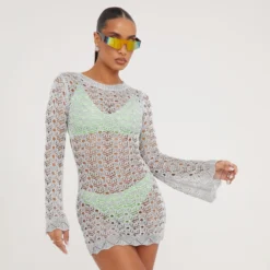 EGO Long Sleeve Open Back Detail Mini Dress In Silver Metallic Crochet Knit