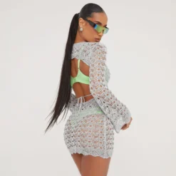 EGO Long Sleeve Open Back Detail Mini Dress In Silver Metallic Crochet Knit -The Perla Dress Sales Store 28 03 23 ming75839 s scaled