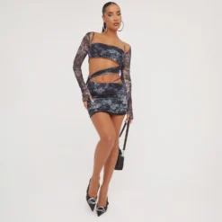EGO Strappy Long Sleeve Cut Out Detail Mini Bodycon Dress In Grey Printed Mesh -The Perla Dress Sales Store 28 03 23 ming76074 s scaled