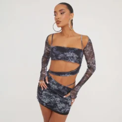 EGO Strappy Long Sleeve Cut Out Detail Mini Bodycon Dress In Grey Printed Mesh