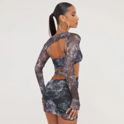 EGO Strappy Long Sleeve Cut Out Detail Mini Bodycon Dress In Grey Printed Mesh -The Perla Dress Sales Store 28 03 23 ming76092 s scaled