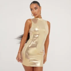 EGO Sleeveless High Neck Mini Bodycon Dress In Gold Metallic -The Perla Dress Sales Store 28 03 23 ming76322 s scaled