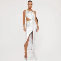 EGO One Shoulder Cut Out Detail Open Back Split Leg Maxi Dress In Silver Metallic