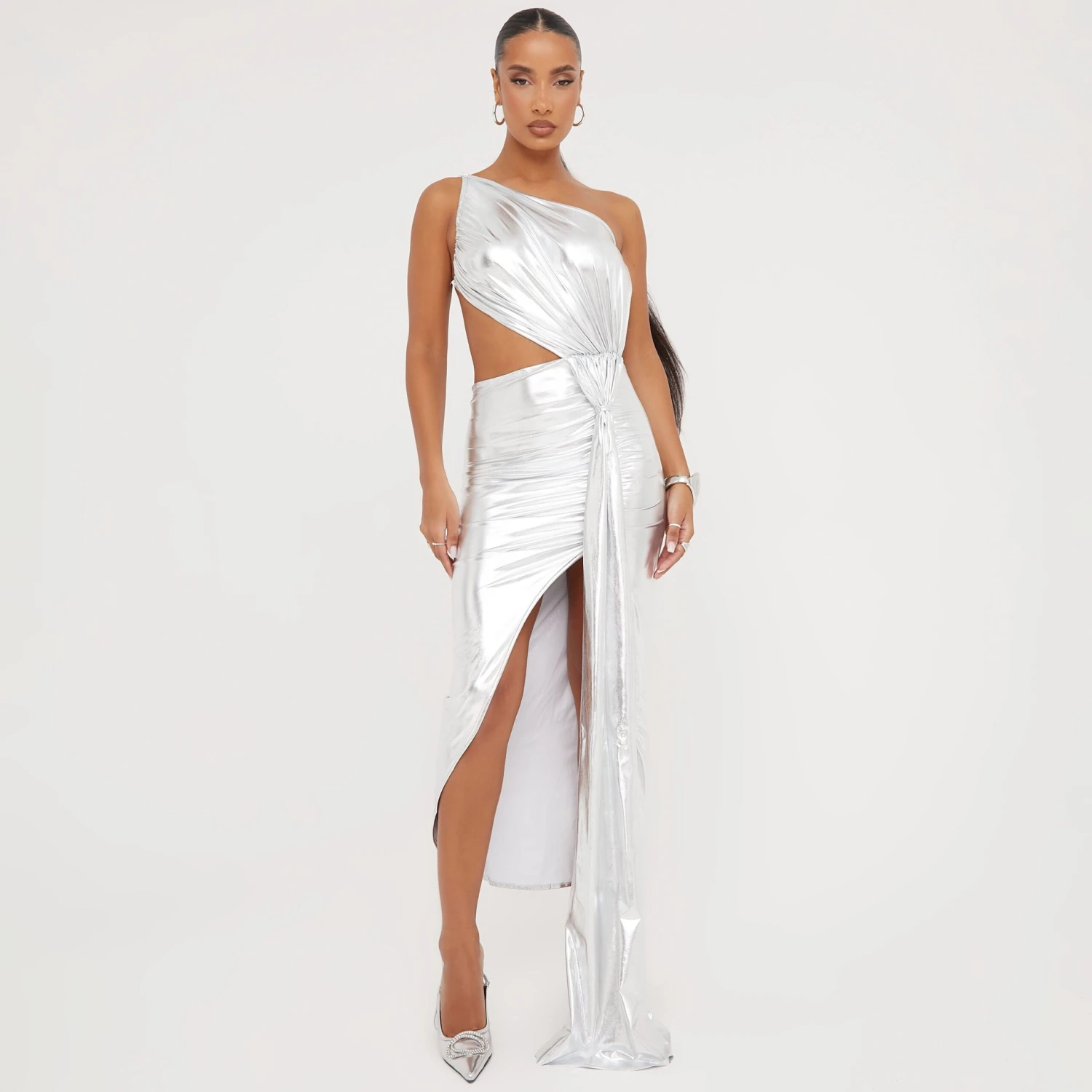 EGO One Shoulder Cut Out Detail Open Back Split Leg Maxi Dress In Silver Metallic