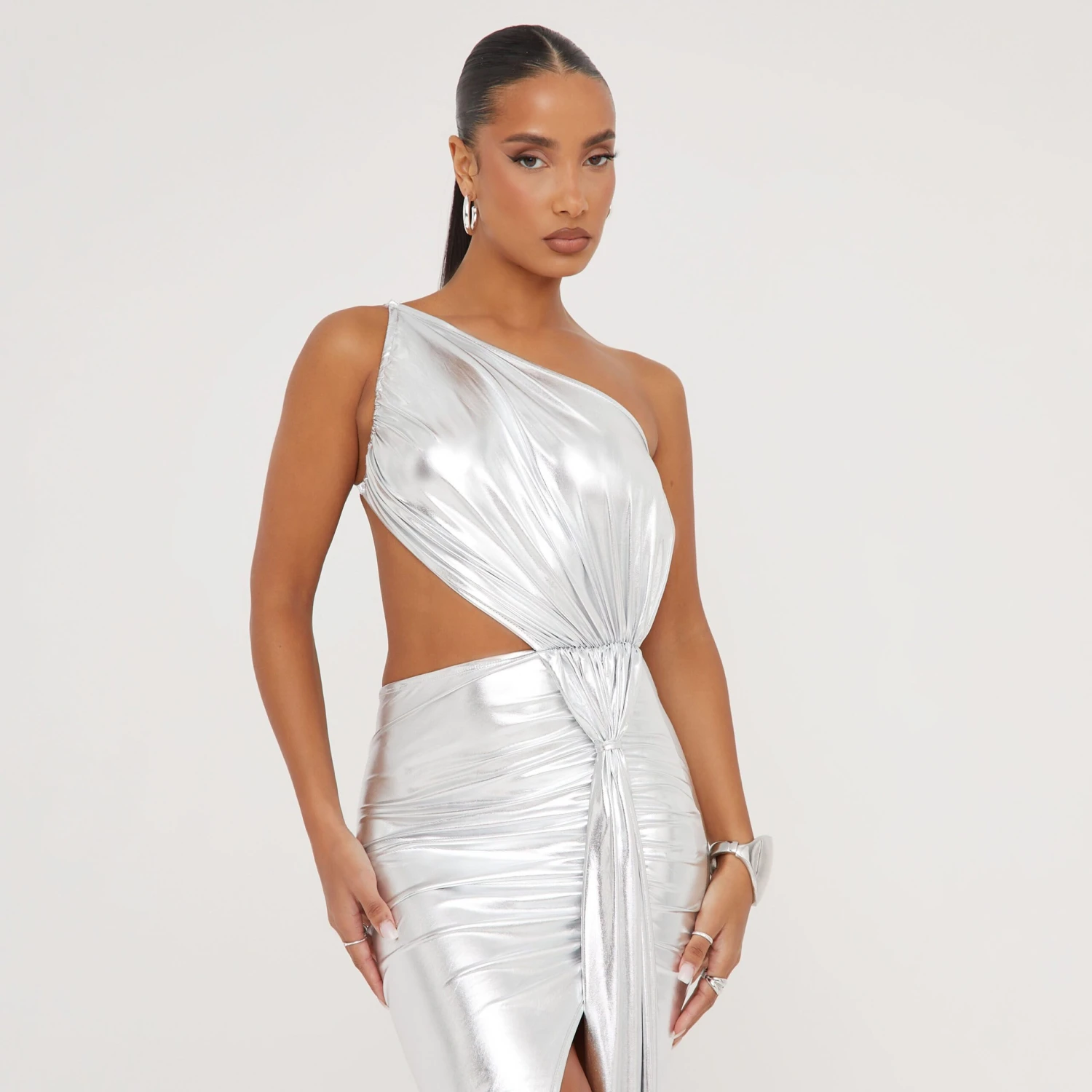 EGO One Shoulder Cut Out Detail Open Back Split Leg Maxi Dress In Silver Metallic 5 EGO One Shoulder Cut Out Detail Open Back Split Leg Maxi Dress In Silver Metallic - Image 4