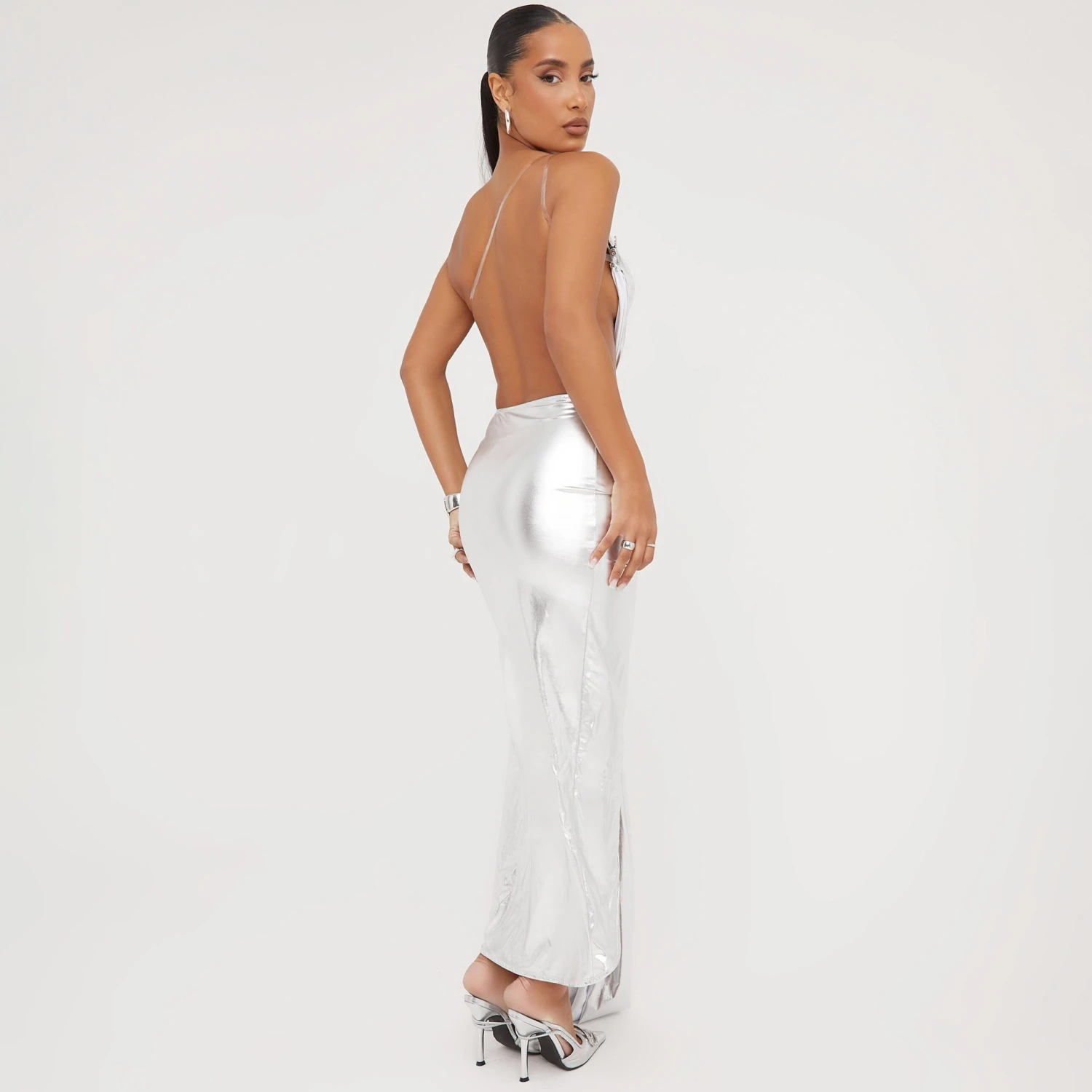 EGO One Shoulder Cut Out Detail Open Back Split Leg Maxi Dress In Silver Metallic 3 EGO One Shoulder Cut Out Detail Open Back Split Leg Maxi Dress In Silver Metallic - Image 2