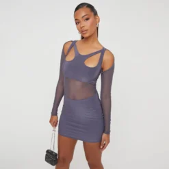 EGO Long Sleeve Cut Out Mesh Detailing Mini Bodycon Dress In Grey Slinky