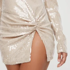 EGO Long Sleeve Twisted Front Split Detail Mini Dress In Nude Sequin -The Perla Dress Sales Store 29 11 22 pam30810 copy scaled