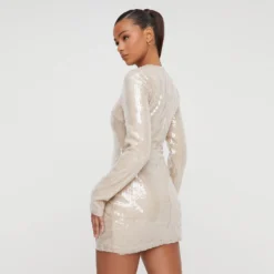 EGO Long Sleeve Twisted Front Split Detail Mini Dress In Nude Sequin -The Perla Dress Sales Store 29 11 22 pam30812 copy scaled